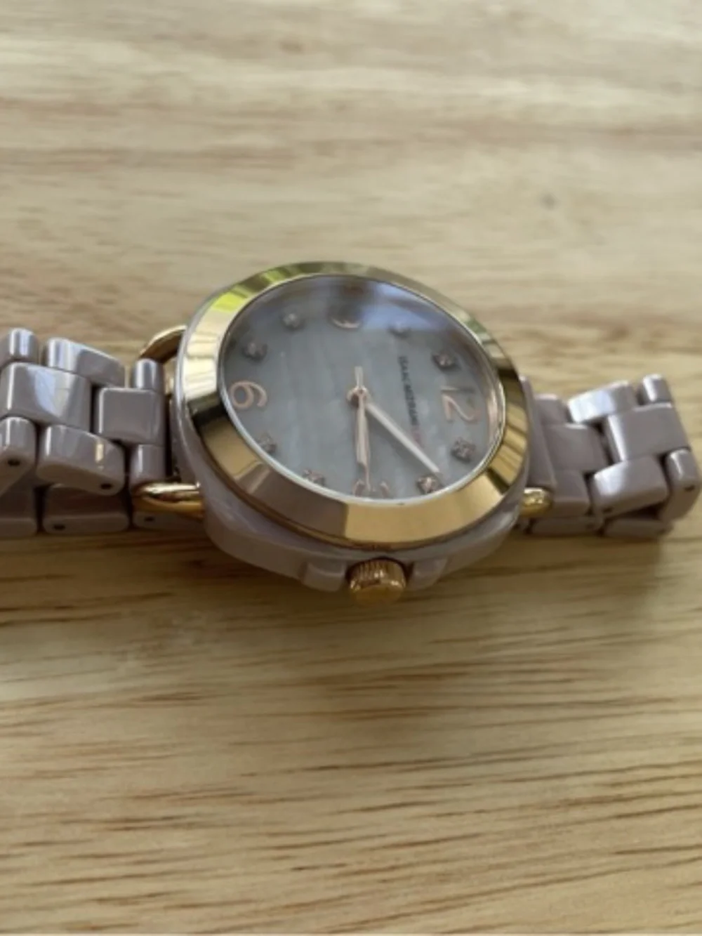 Isaac Mizrahi Mauve Ceramic Watch Gold Trim Rhinestone Accents